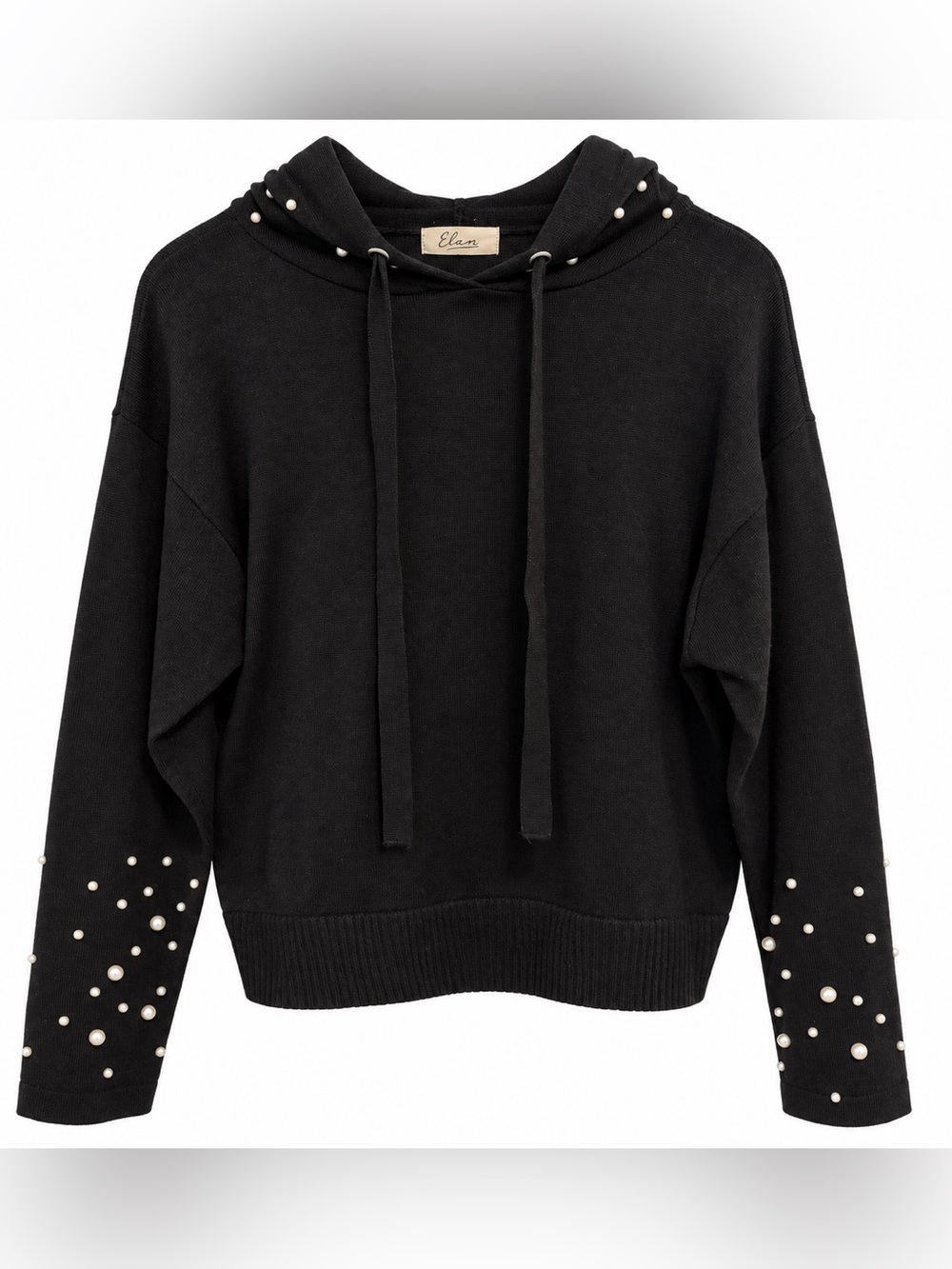 Elan Black Pearl Embellished Knit Hoodie Sweater M NWT